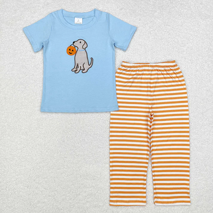 RTS NO MOQ Sibling Baby boy clothes Halloween embrodiery short-sleeved trousers suits