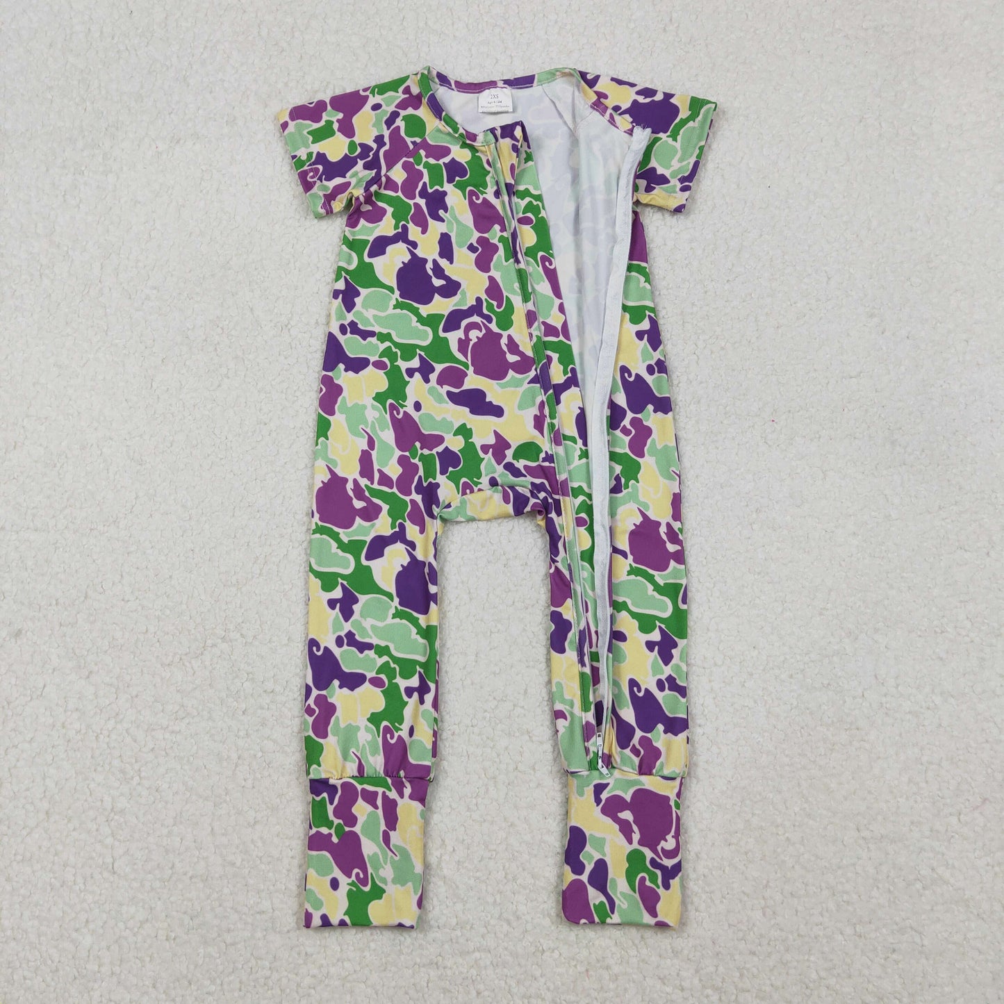 RTS NO MOQ（In Stock) SR3211 Carnival green, yellow, and purple camouflage short-sleeved zip-up bodysuit