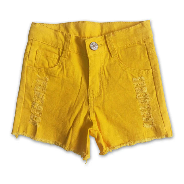 RTS NO MOQ Sibling Baby Girls mustard distressed denim shorts