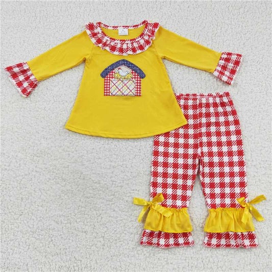 RTS NO MOQ（In Stock) Baby girl Toddler embroidery farm Shirts plaid Pants Clothes Sets