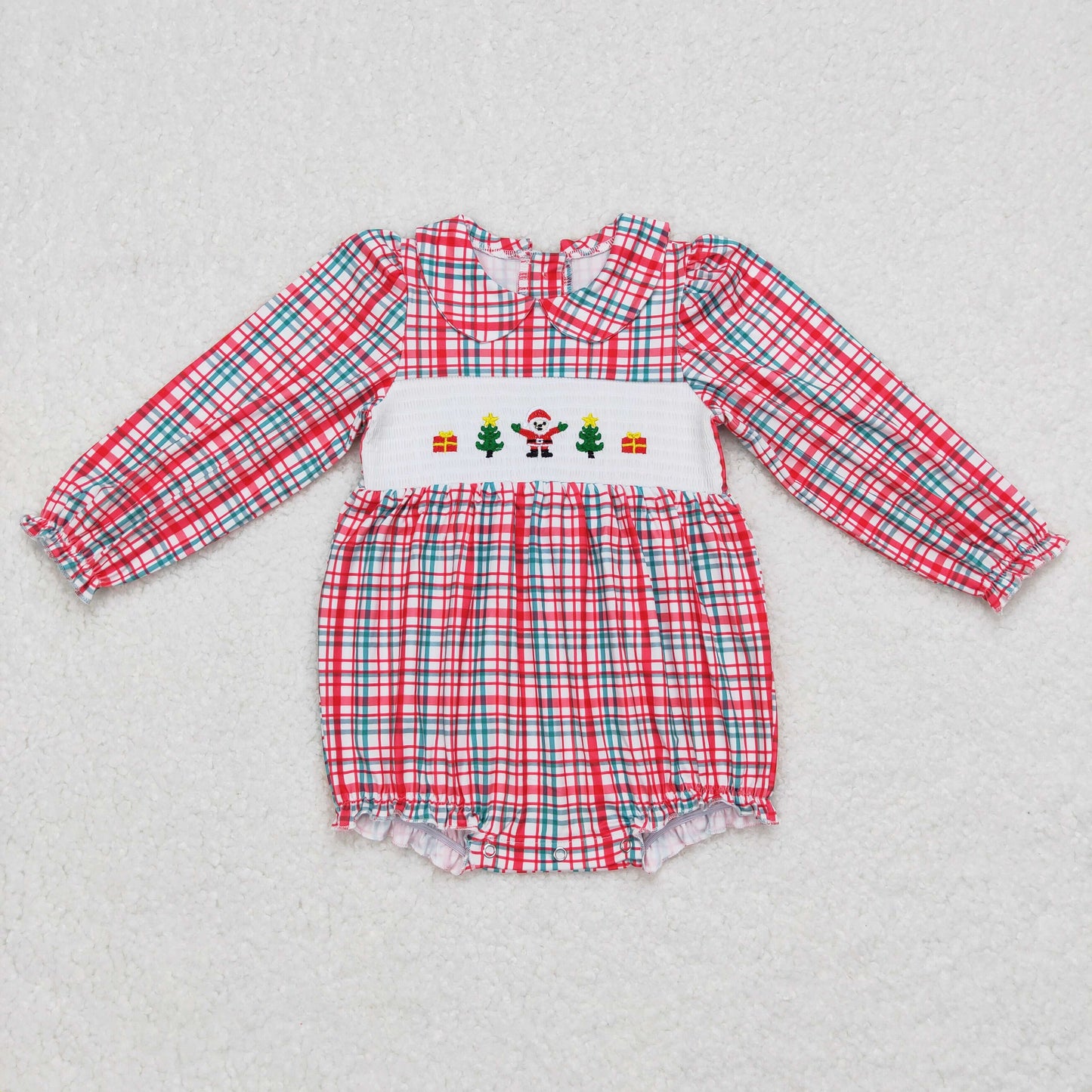RTS NO MOQ（In Stock) LR0571 smocked merry christmas embroidered Christmas long sleeve jumpsuit