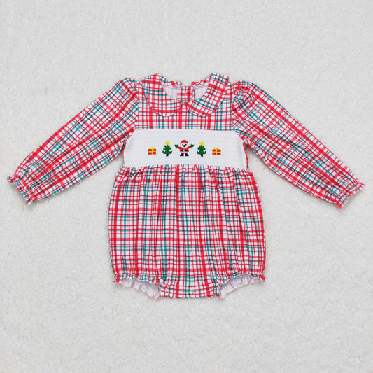 RTS NO MOQ（In Stock) LR0571 smocked merry christmas embroidered Christmas long sleeve jumpsuit