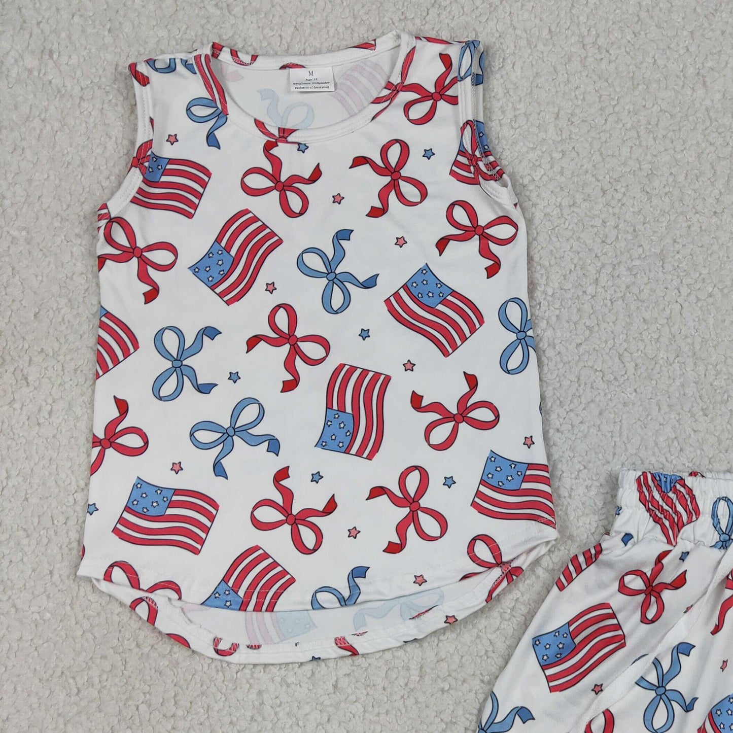 RTS NO MOQ milk silk GSSO3520 Baby Girls Red Blue Flag Star Bow 4th of July Two Piece Set