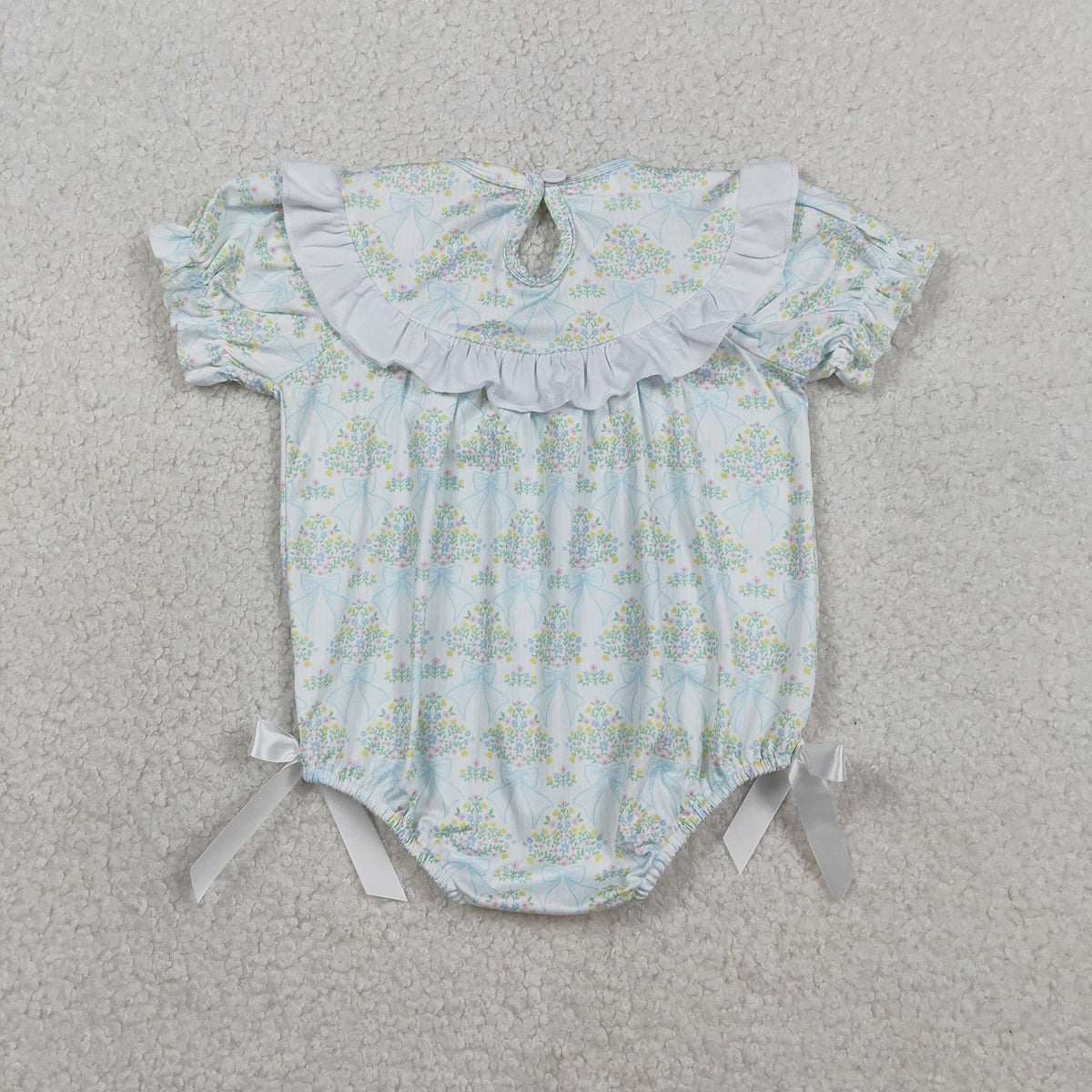 RTS NO MOQ SR3487 Baby Girls Checked Rompers with Smocked Bows And Ruffles Floral Print Casual Jumpsuits for Infants