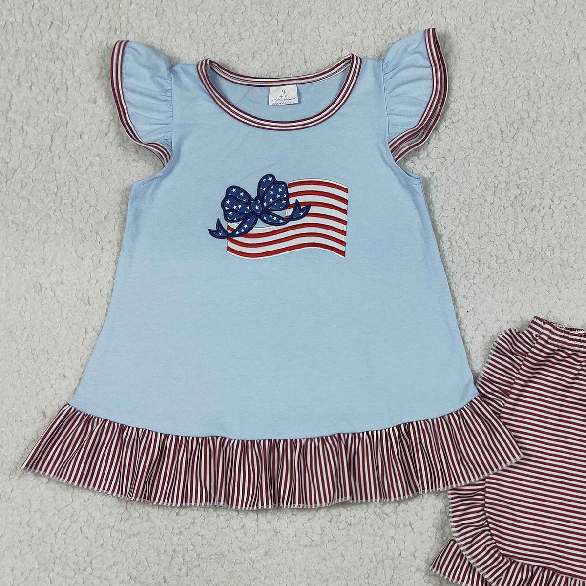 RTS NO MOQ GSSO3278 Baby Girls 4th of July Outfit Set Embroidered Bow Flags Tunic Top with Ruffle Shorts Clothing for Little Girls