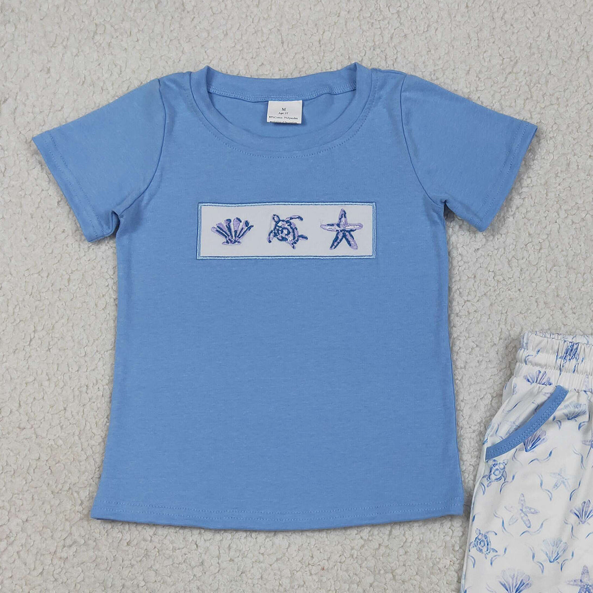 RTS NO MOQ BSSO1979 Baby Boys Cute Shirt with Embroidery Shells and Starfishes Top Pocket Shorts Outfit Set