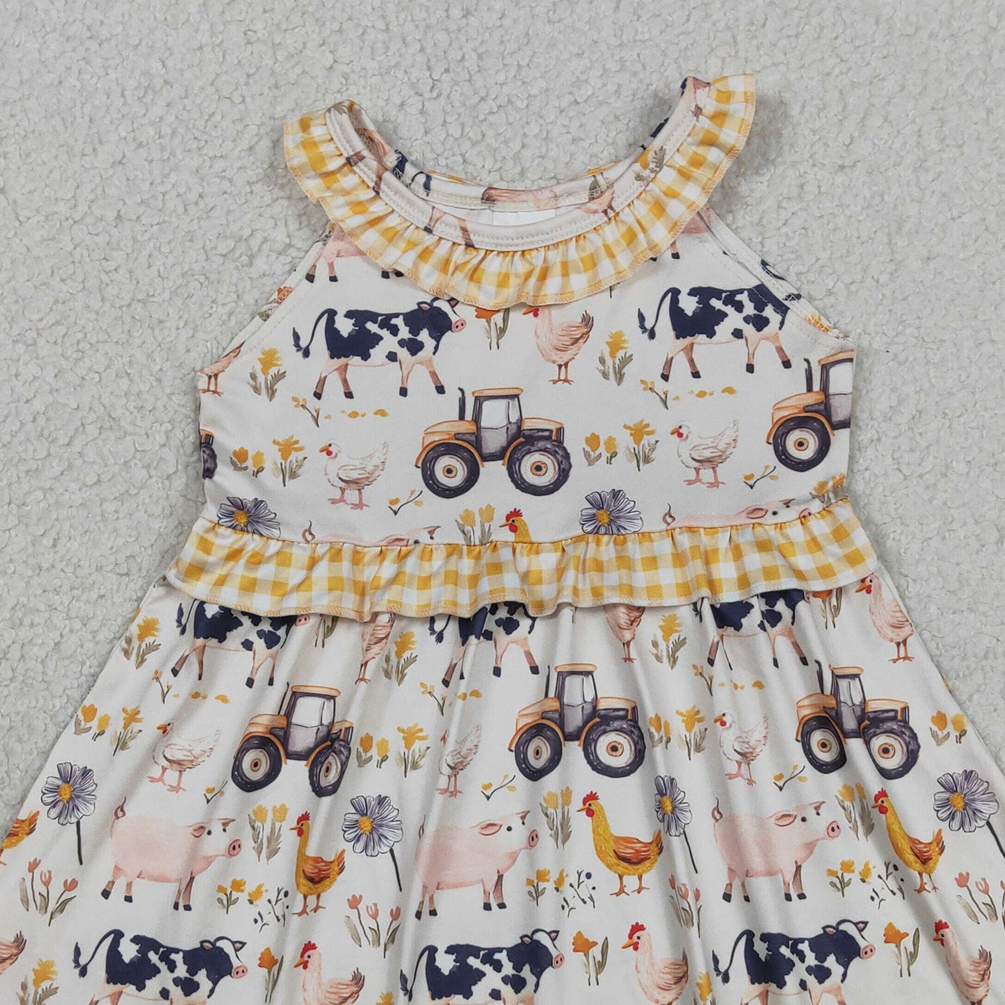 RTS NO MOQ GSD3476 milk silk Baby Girls Cute Sleeveless Cows Trucks Farm Knee Length Dresse