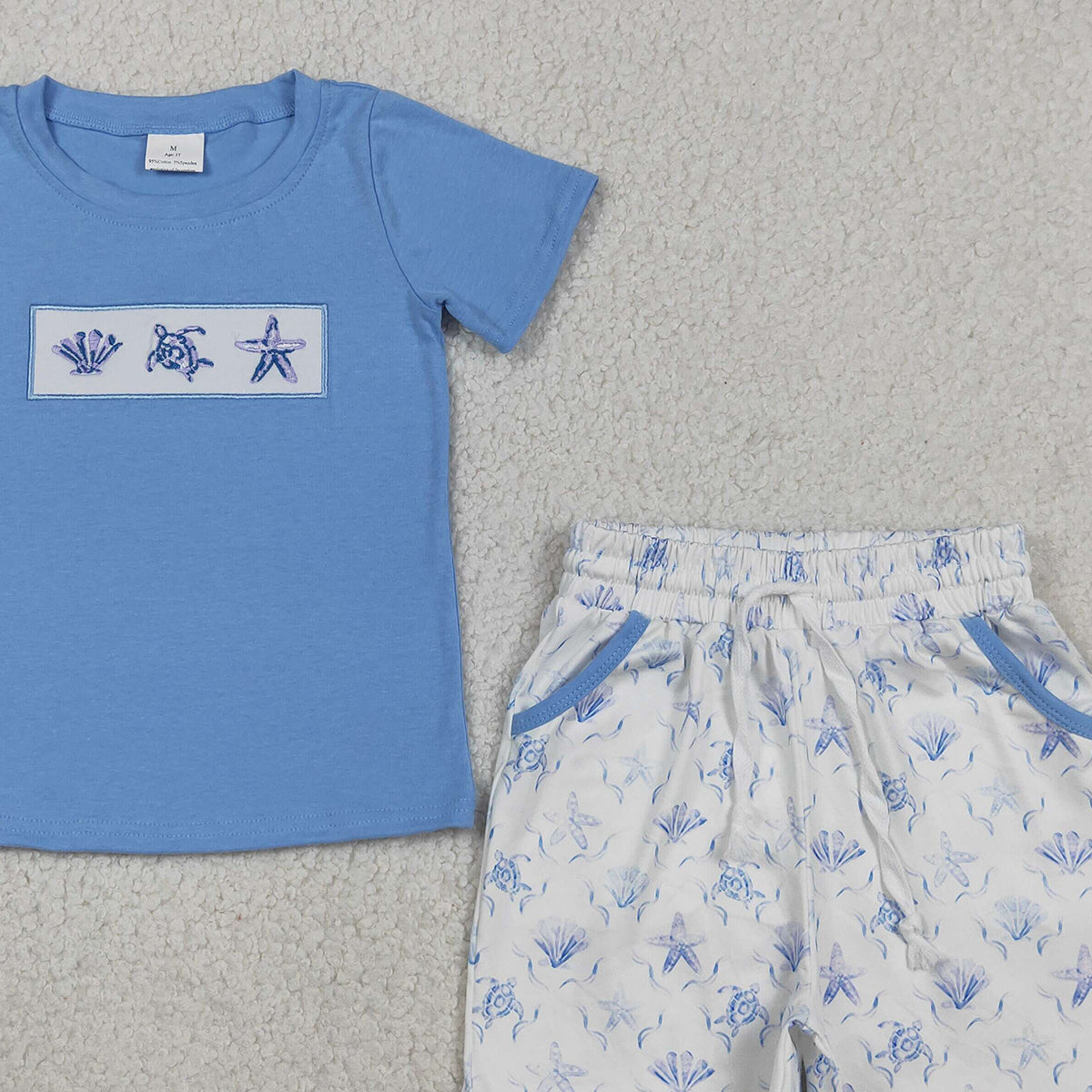 RTS NO MOQ BSSO1979 Baby Boys Cute Shirt with Embroidery Shells and Starfishes Top Pocket Shorts Outfit Set