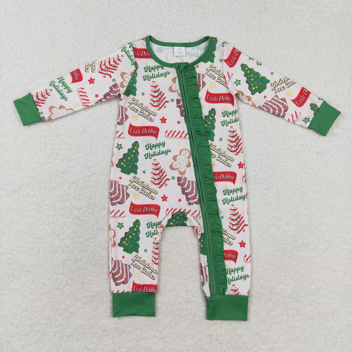 RTS NO MOQ（In Stock) LR1056 happy holidays modal Christmas tree cookie green lace zipper long sleeve jumpsuit