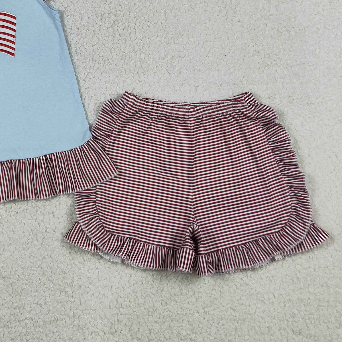 RTS NO MOQ GSSO3278 Baby Girls 4th of July Outfit Set Embroidered Bow Flags Tunic Top with Ruffle Shorts Clothing for Little Girls