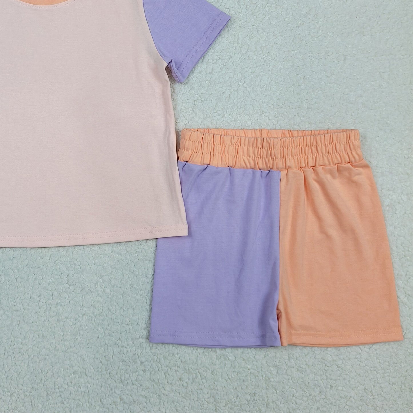 RTS NO MOQ GSSO3504 Toddler Girls Peach Purple Color Block Top Slouchy Shorts Daily Wear Clothes
