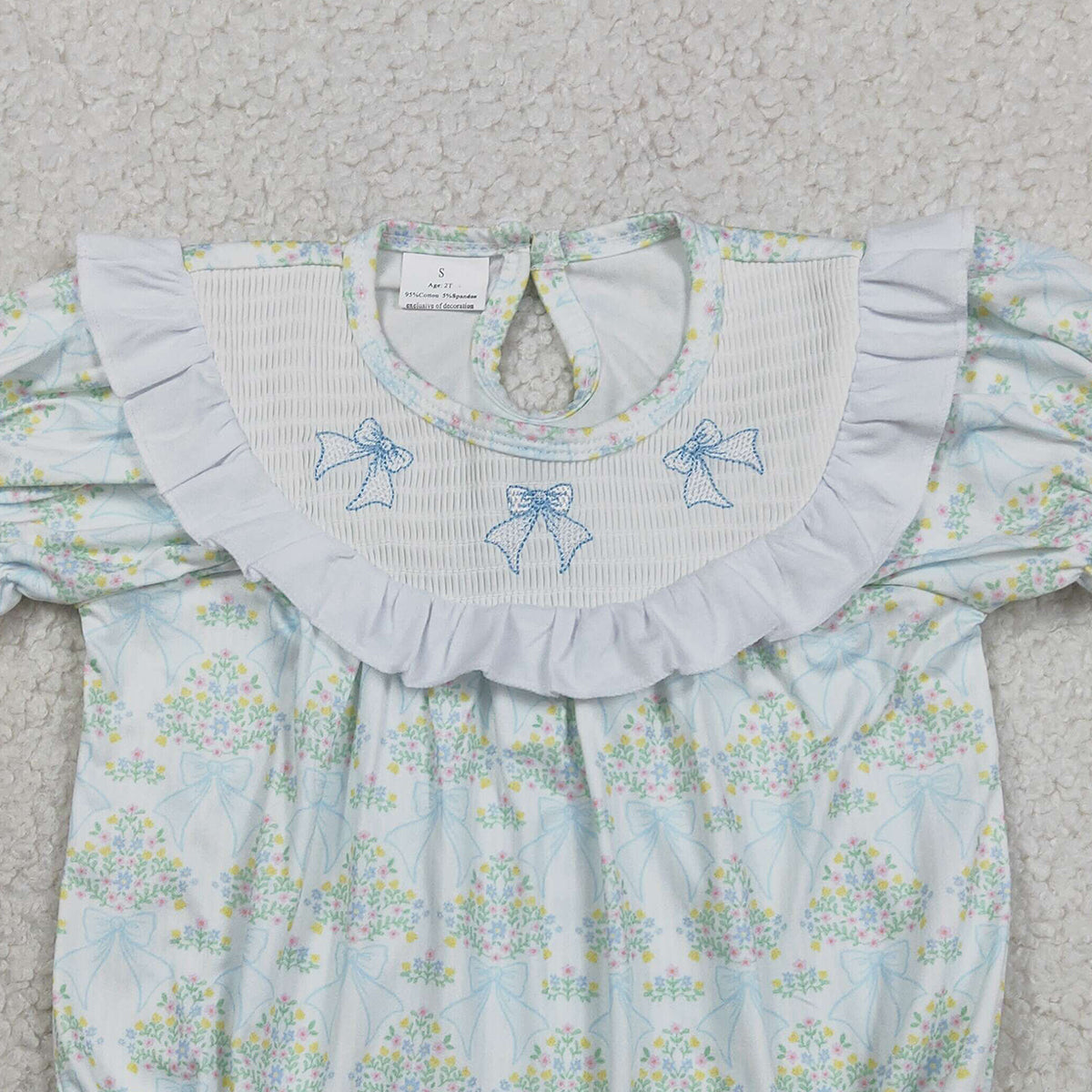 RTS NO MOQ SR3487 Baby Girls Checked Rompers with Smocked Bows And Ruffles Floral Print Casual Jumpsuits for Infants