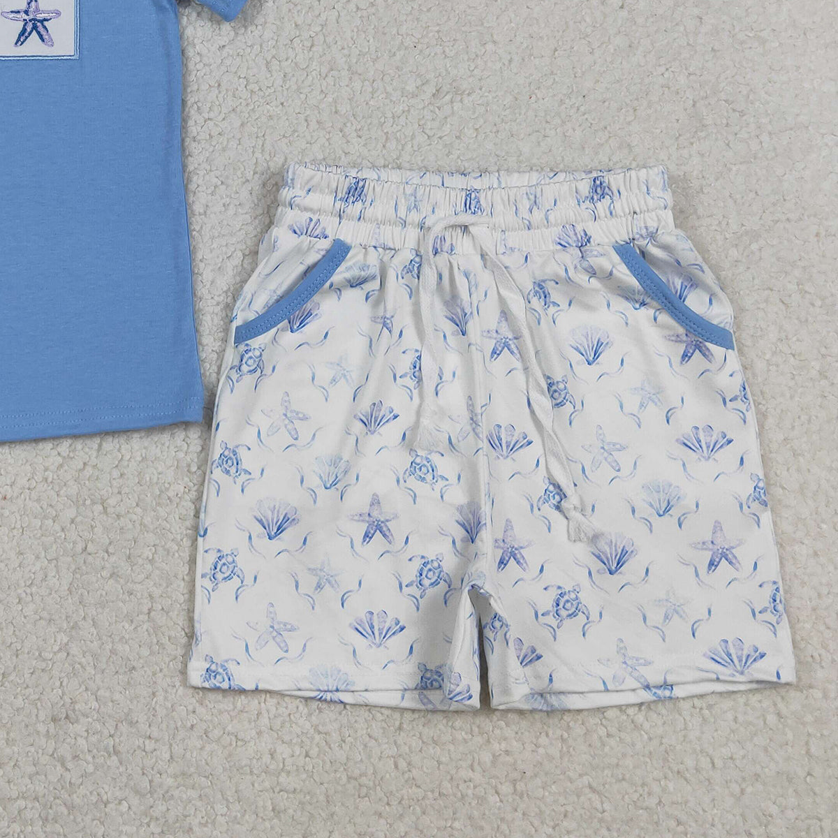 RTS NO MOQ BSSO1979 Baby Boys Cute Shirt with Embroidery Shells and Starfishes Top Pocket Shorts Outfit Set