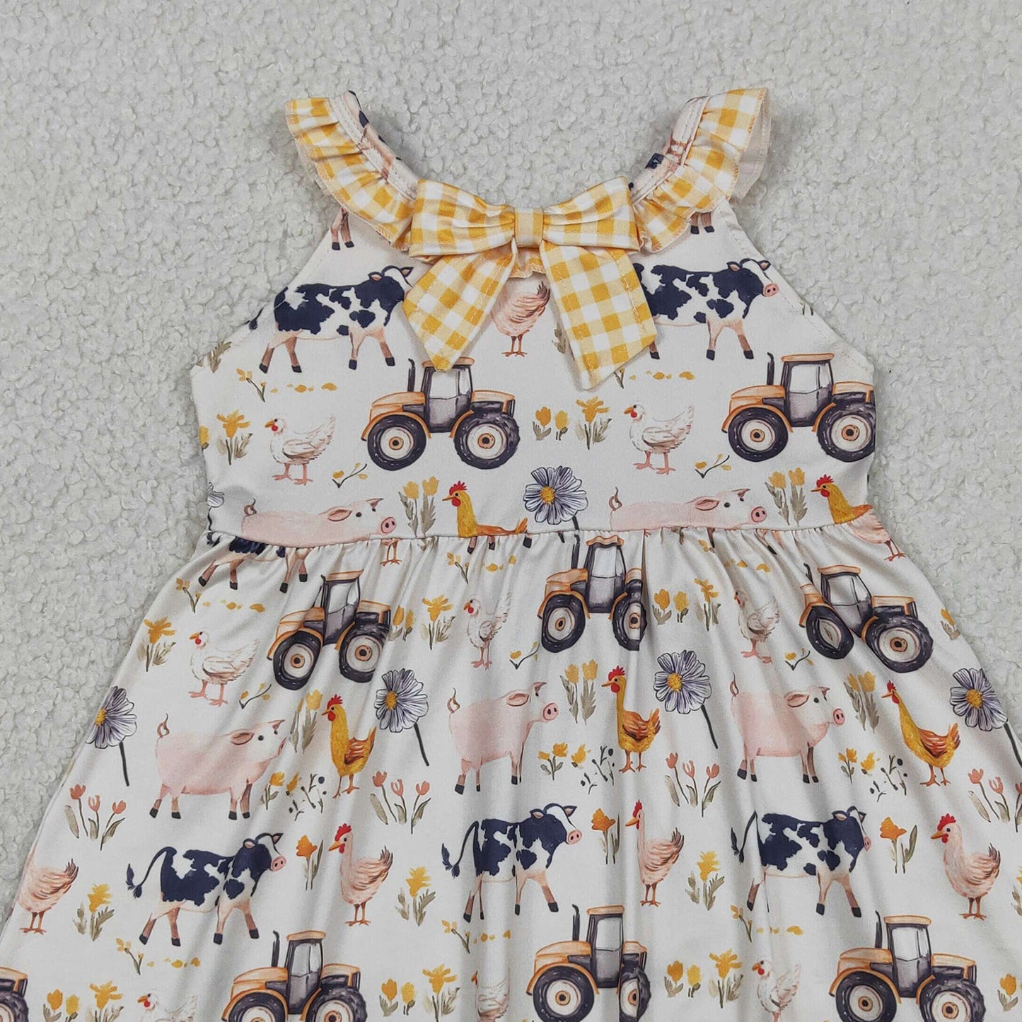 RTS NO MOQ GSD3476 milk silk Baby Girls Cute Sleeveless Cows Trucks Farm Knee Length Dresse