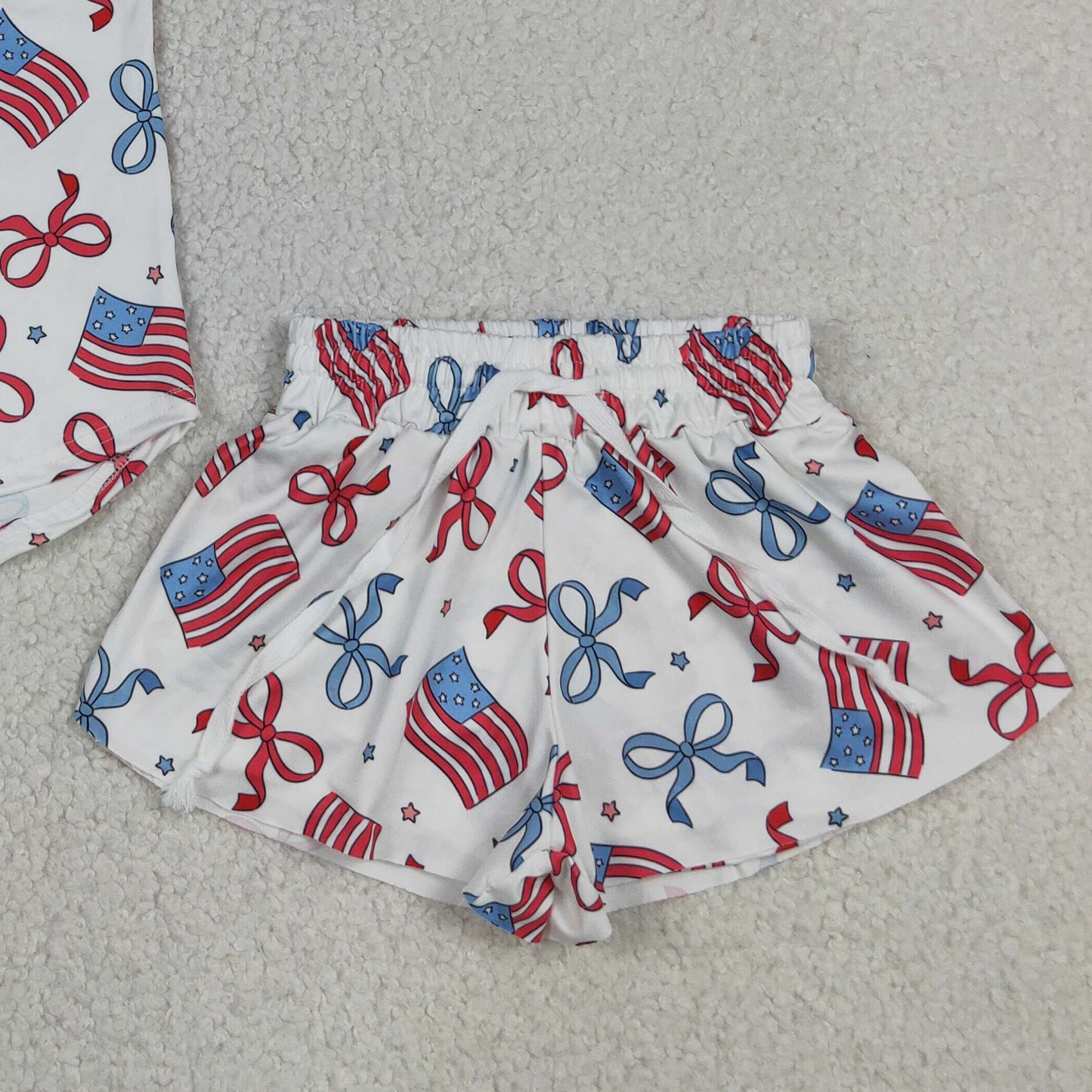RTS NO MOQ milk silk GSSO3520 Baby Girls Red Blue Flag Star Bow 4th of July Two Piece Set