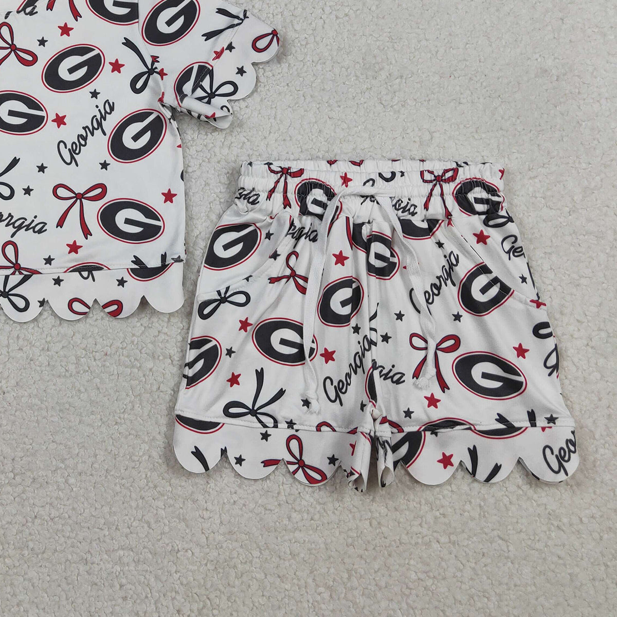 RTS NO MOQ GSSO3250 Baby Girls Bows Top with Scallop Shorts Outfit Set Team Clothing