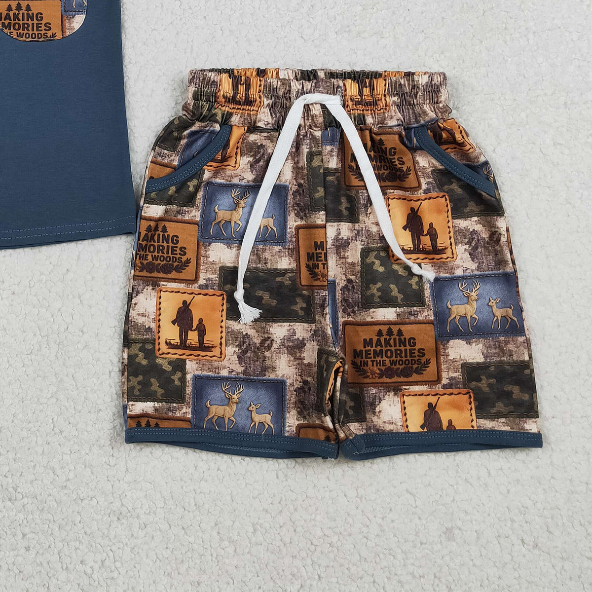 RTS NO MOQ BSSO1846 Baby Boys Camouflage Checked Shirt with Pockets Deer Print Hunting Top And Shorts Set for Toddlers