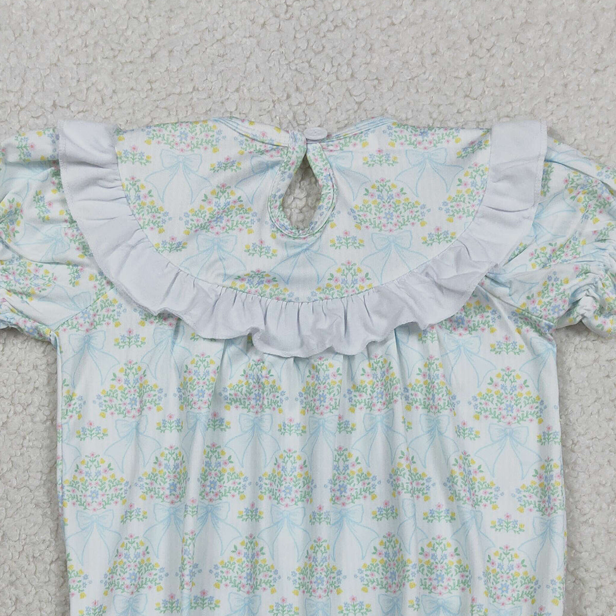 RTS NO MOQ SR3487 Baby Girls Checked Rompers with Smocked Bows And Ruffles Floral Print Casual Jumpsuits for Infants