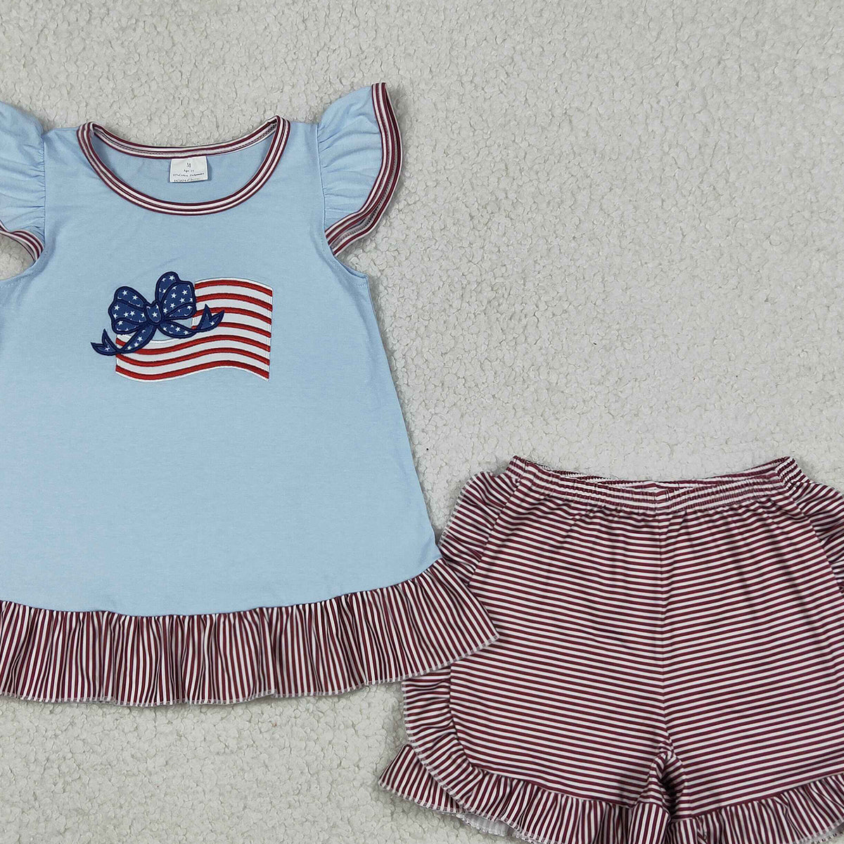RTS NO MOQ GSSO3278 Baby Girls 4th of July Outfit Set Embroidered Bow Flags Tunic Top with Ruffle Shorts Clothing for Little Girls