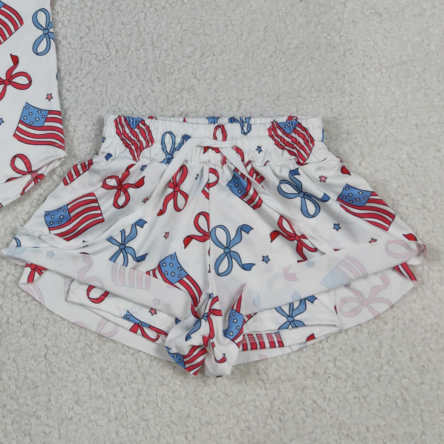 RTS NO MOQ milk silk GSSO3520 Baby Girls Red Blue Flag Print Bow Star Summer Clothes Set