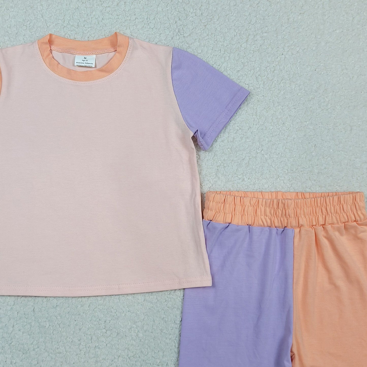 RTS NO MOQ GSSO3504 Toddler Girls Peach Purple Color Block Top Slouchy Shorts Daily Wear Clothes