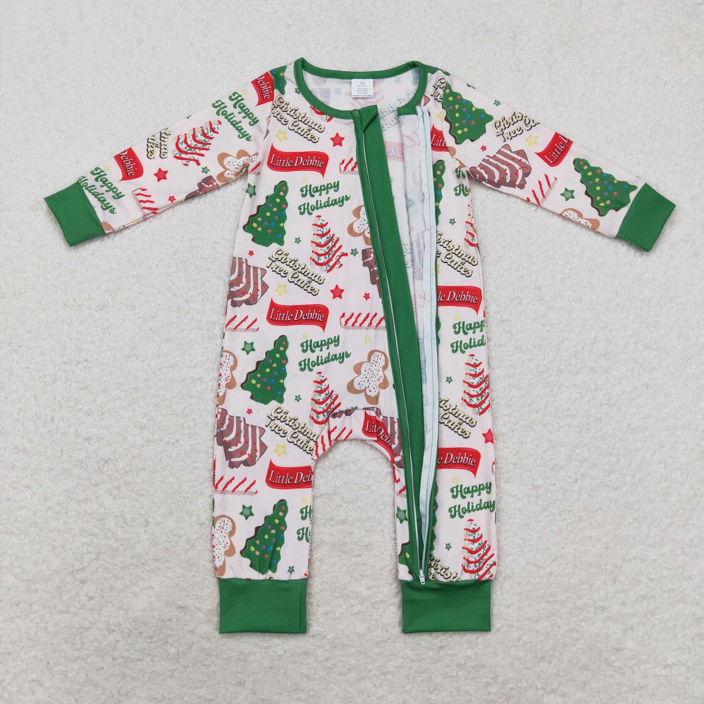RTS NO MOQ（In Stock) LR1057 Happy holidays Modal Christmas tree biscuit zipper long-sleeved jumpsuit