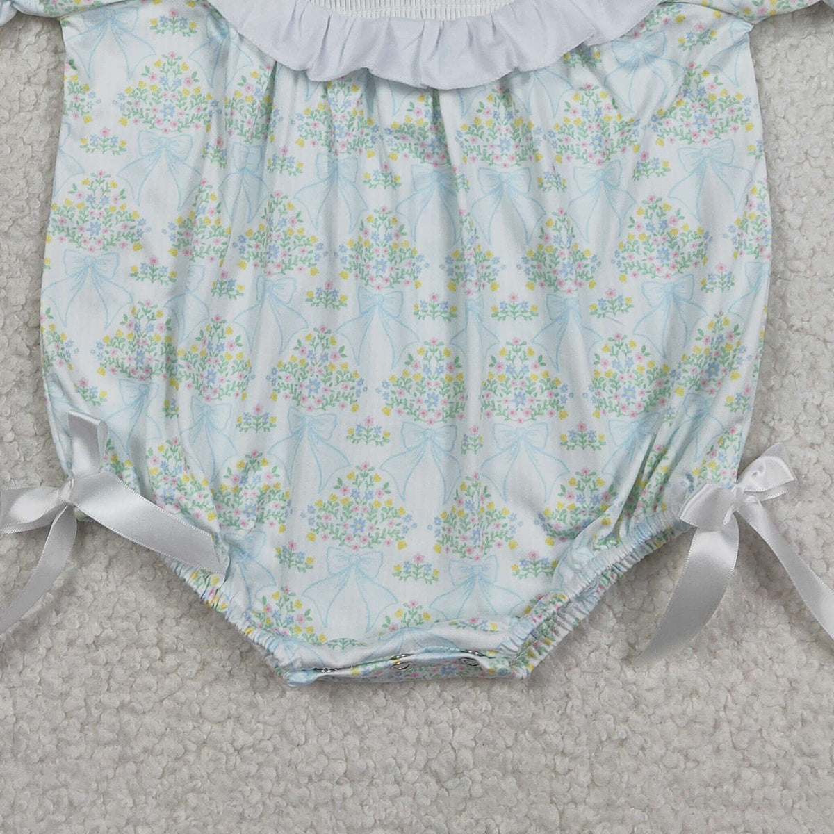 RTS NO MOQ SR3487 Baby Girls Checked Rompers with Smocked Bows And Ruffles Floral Print Casual Jumpsuits for Infants