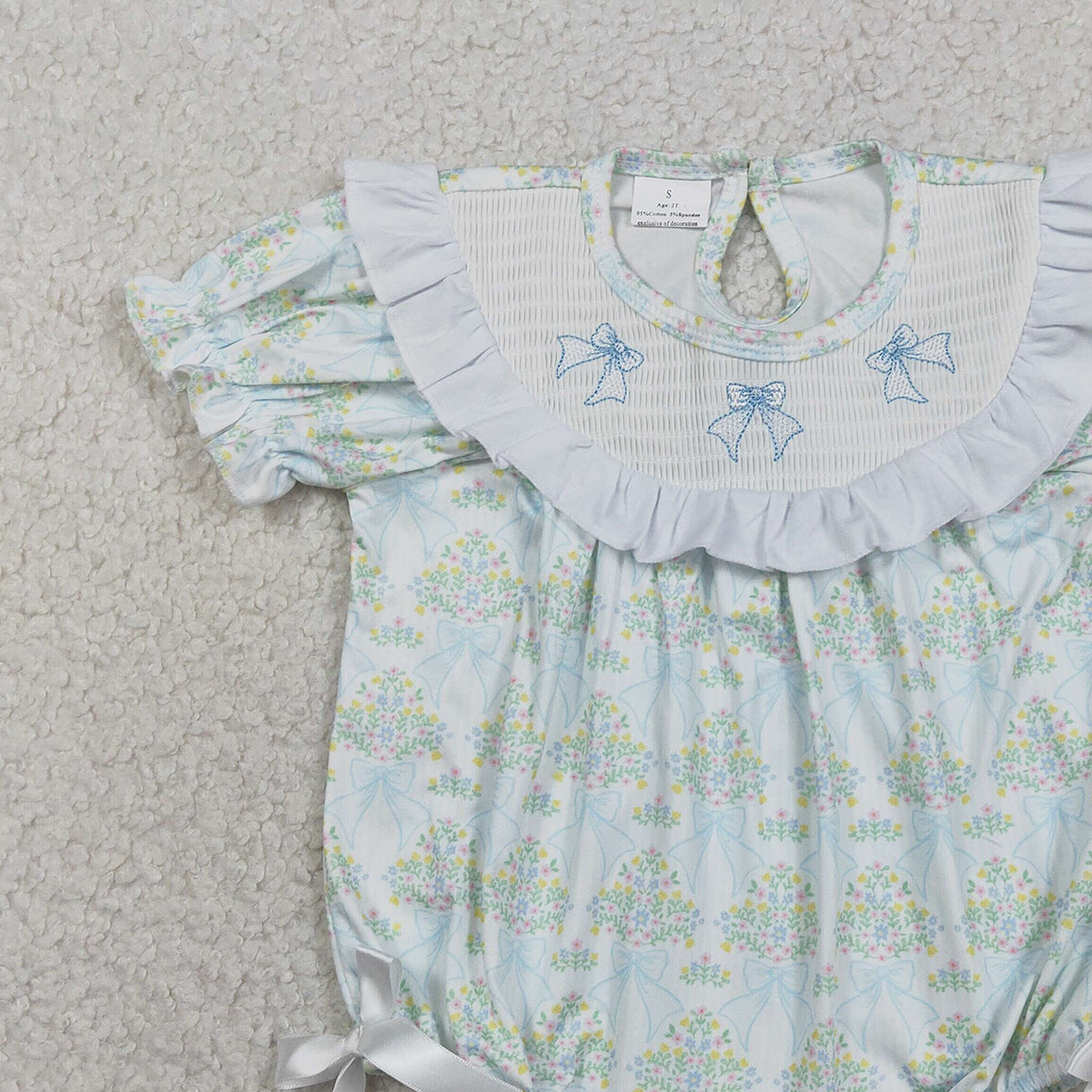 RTS NO MOQ SR3487 Baby Girls Checked Rompers with Smocked Bows And Ruffles Floral Print Casual Jumpsuits for Infants