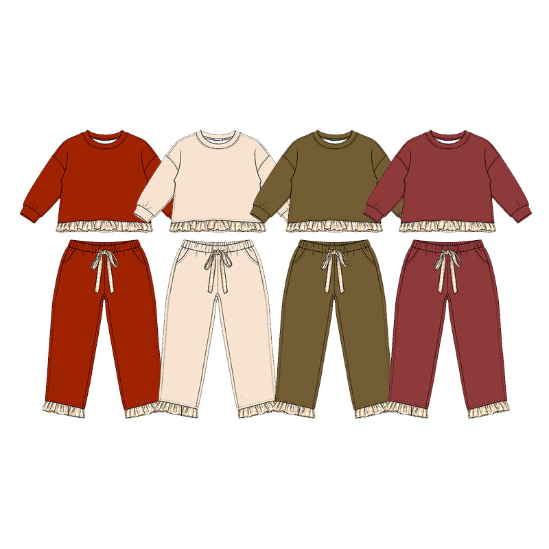 (Preorder new) No moq Baby Girls Solid Long Sleeve Pocket Sweatshirt Pants Casual Clothes Set