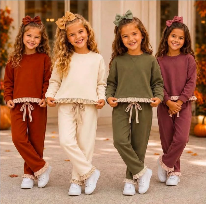 (Preorder new) No moq Baby Girls Solid Long Sleeve Pocket Sweatshirt Pants Casual Clothes Set