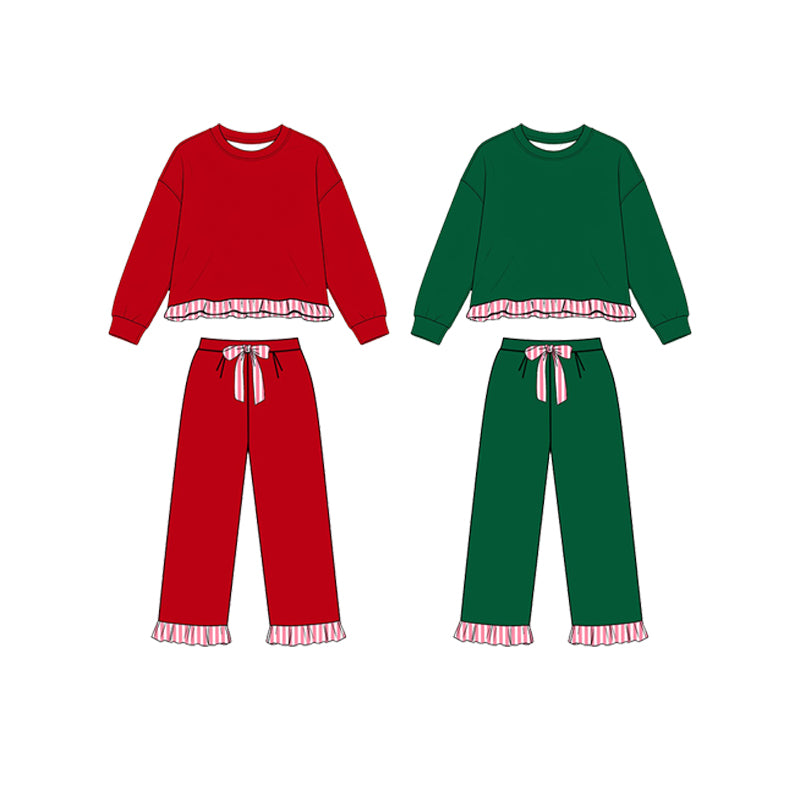 (Preorder new) No moq Baby Girls Solid Color Long Sleeve Crew Neck Pocket Sweatshirt Matching Pants Daily Casual Clothes Set