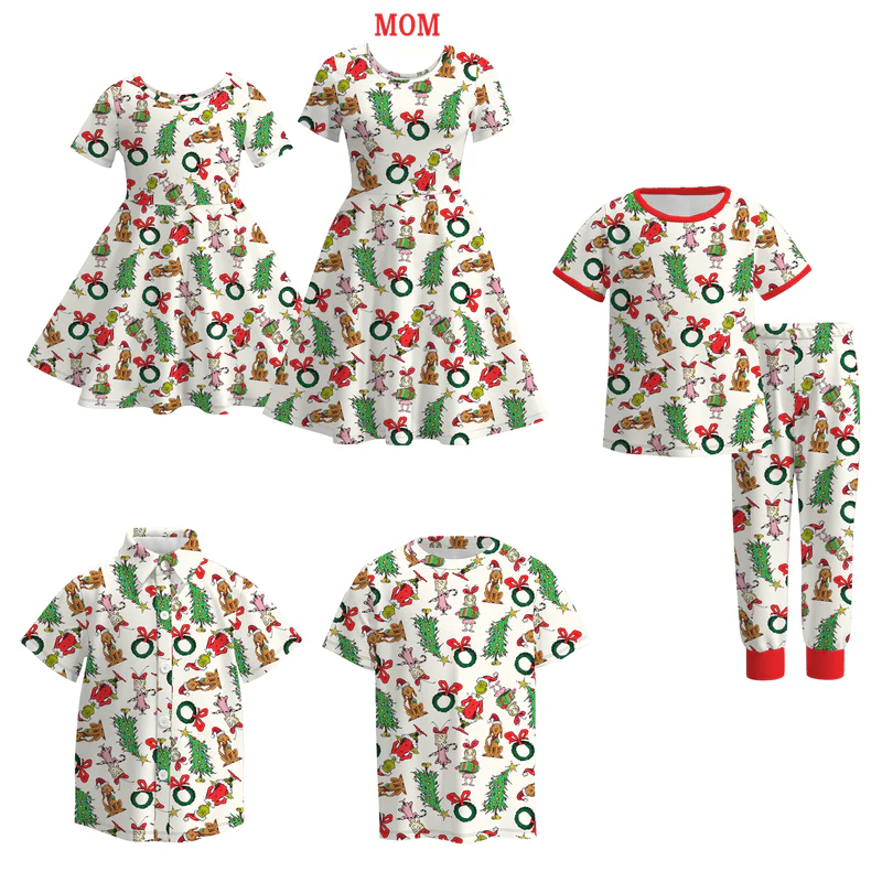 Custom moq 5 each style eta 6-7weeks Christmas baby girl short sleeve dress and long sleeve pants sets and shorts sets and top 1 and top 2 and adult dress