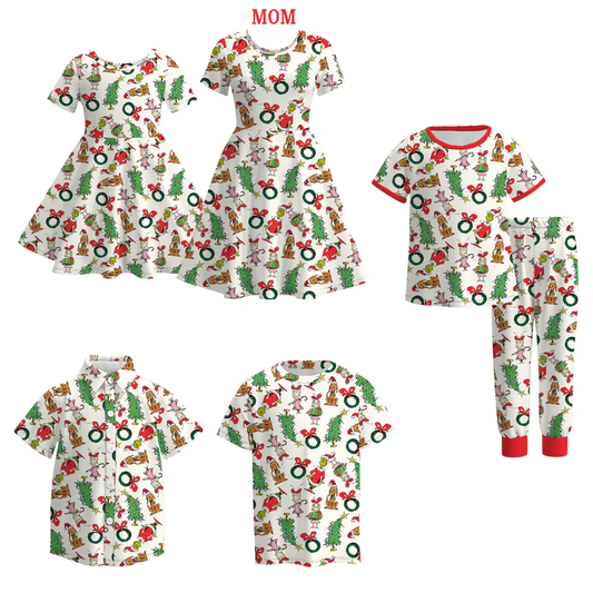 Custom moq 5 each style eta 6-7weeks Christmas baby girl short sleeve dress and long sleeve pants sets and shorts sets and top 1 and top 2 and adult dress