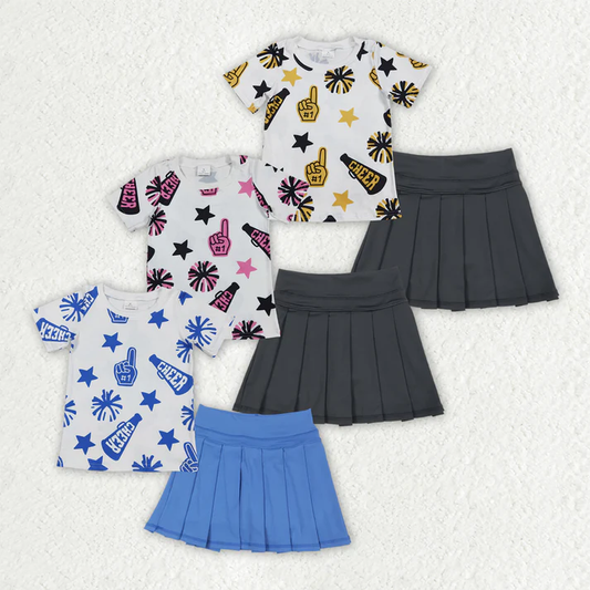 RTS NO MOQ Sibling Baby Girls cheers short sleeve Clothes yoga skirts Sets