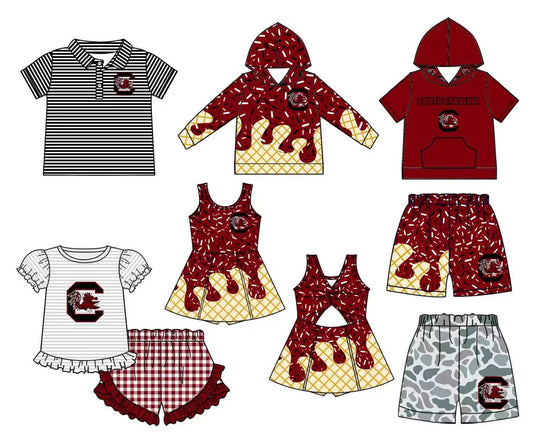 Custom moq 5 mix size milk silk summer teams baby girls clothes brick red shorts sets and hooded long sleeve top and short top 2 and dress and shorts 2-25.8.30