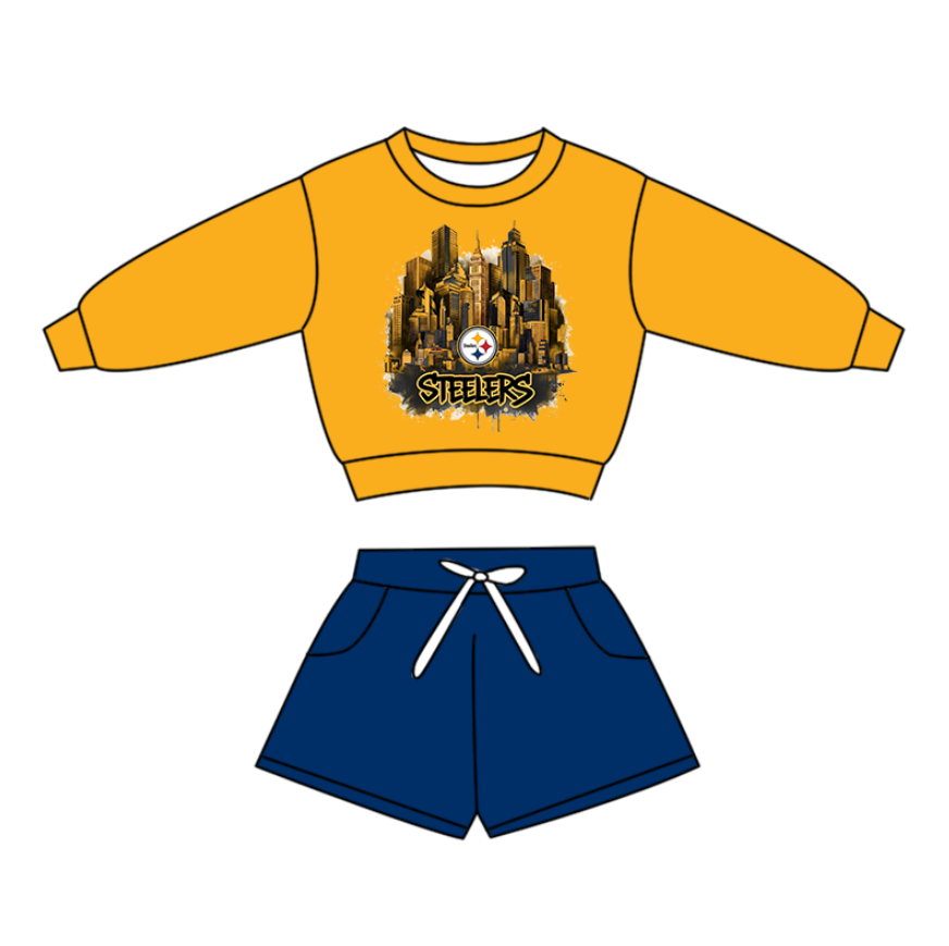 Custom moq 5 mix size milk silk baby boy clothes summer team navy blue and yellow long sleeve shorts sets