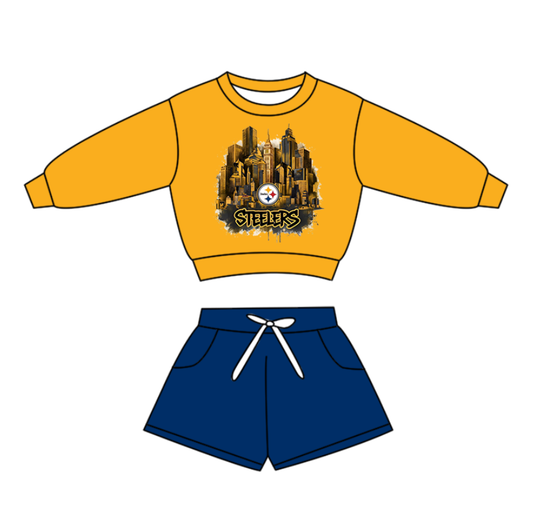 Custom moq 5 mix size milk silk baby boy clothes summer team navy blue and yellow long sleeve shorts sets