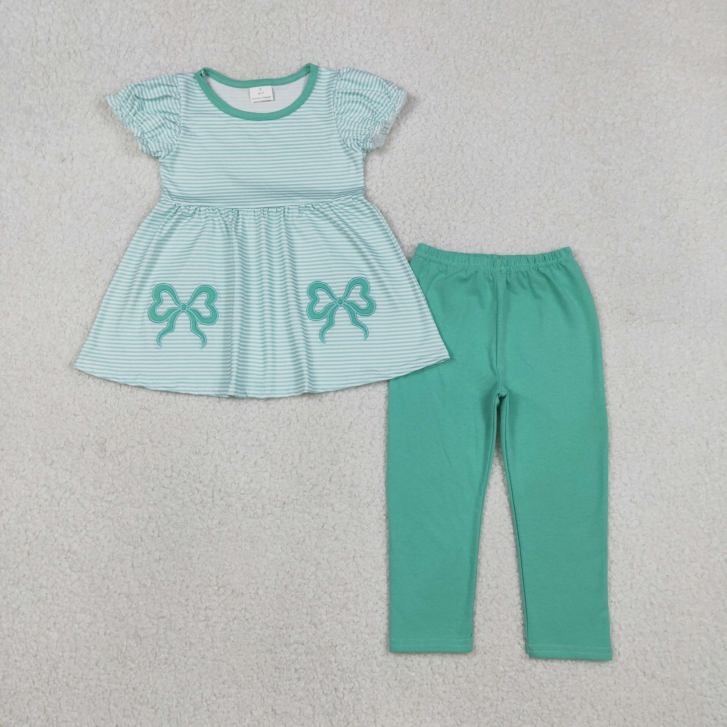 RTS NO MOQ（In Stock) Embroidered Lake Green Striped Short-Sleeve Long Pants Set with Bow Pattern