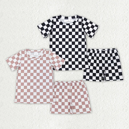 RTS NO MOQ Girls Boys plaid short sleeve Clothes Sets