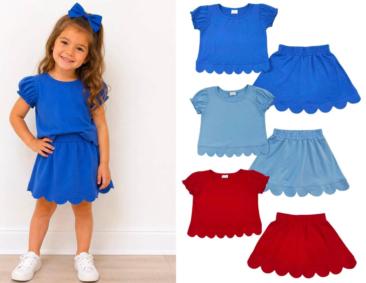 RTS NO MOQ Sibling cotton Baby Girls Short Ruffle Sleeve Top Matching Scallop Skort Two Piece Clothes Set