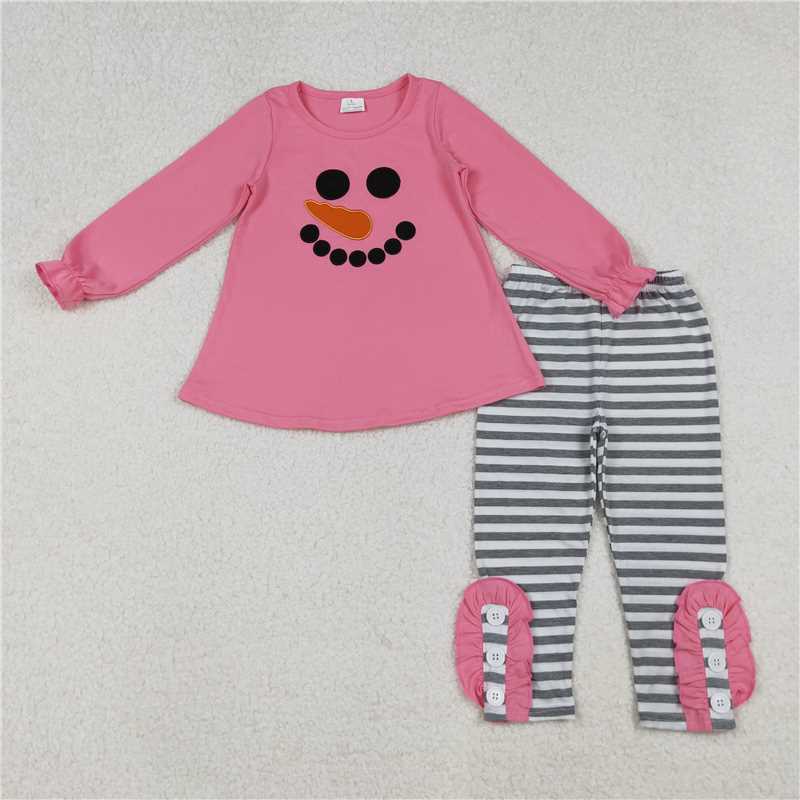 Baby Kids Snowman Face Collection - Magenta Peplum Stripe Set & Blue Tee Stripe Pants