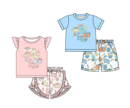 11.26 custom each style moq 5eta 4-6week Sibling Sister dinosaur baby girl short sleeve shorts fish sets 1 and easter sets 2 match design
