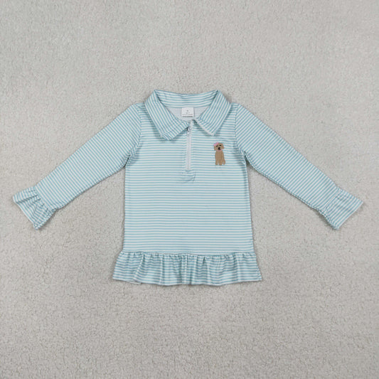 RTS NO MOQ（In Stock) GT1543 Embroidered Bow Pattern Puppy Blue-Green Striped Zipper Long-Sleeve Top