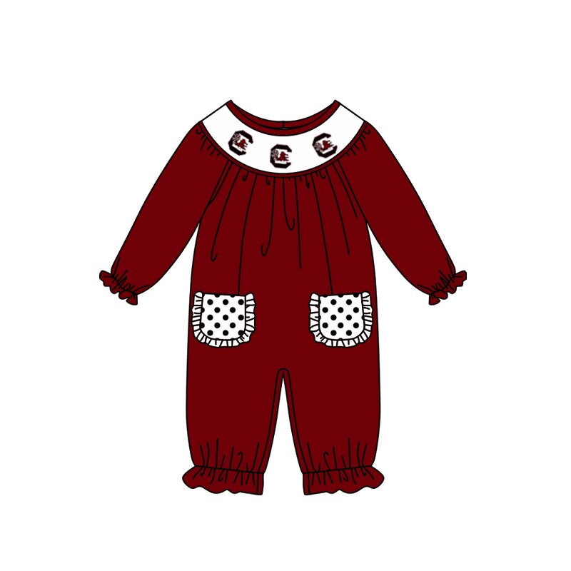 Custom moq 5 eta 6-8weeks baby girls clothes team brick red long sleeve girls romper