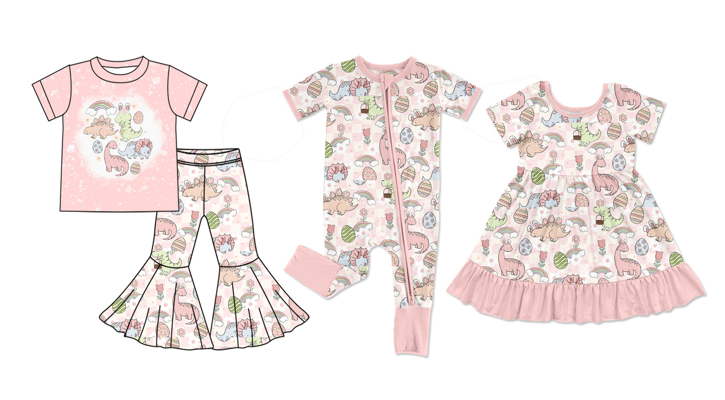 11.26 custom each style moq 5eta 4-6week Sibling Sister easter dinosaur baby girl sets and dress and rompers match family design
