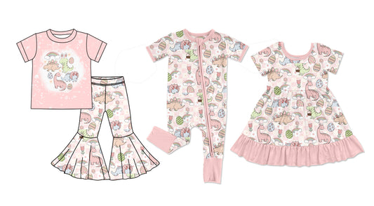 11.26 custom each style moq 5eta 4-6week Sibling Sister easter dinosaur baby girl sets and dress and rompers match family design