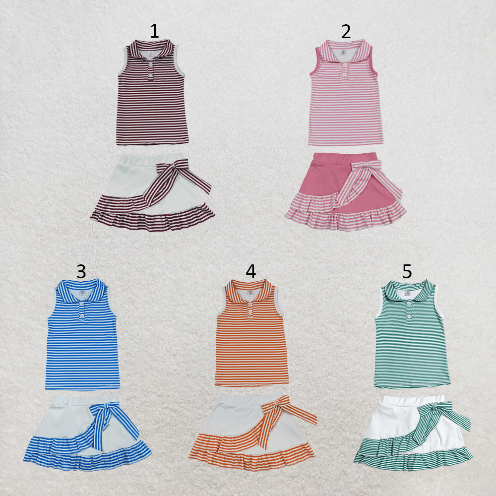 RTS NO MOQ Sibling yoga fabric Baby Girls Stripe Button Vest Ruffle Edge Built In Short Skort Yoga Set