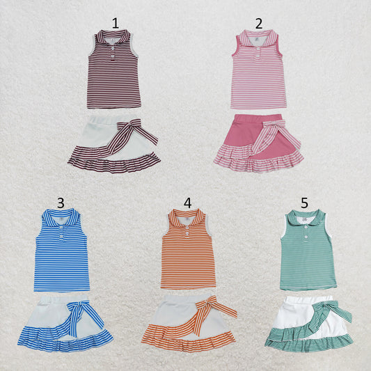 RTS NO MOQ Sibling yoga fabric Baby Girls Stripe Button Vest Ruffle Edge Built In Short Skort Yoga Set