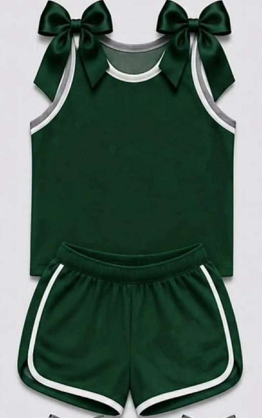 custom moq 5 mix size Baby Girls Green Bow Sleeveless Top Shorts Summer Set green with gray sets