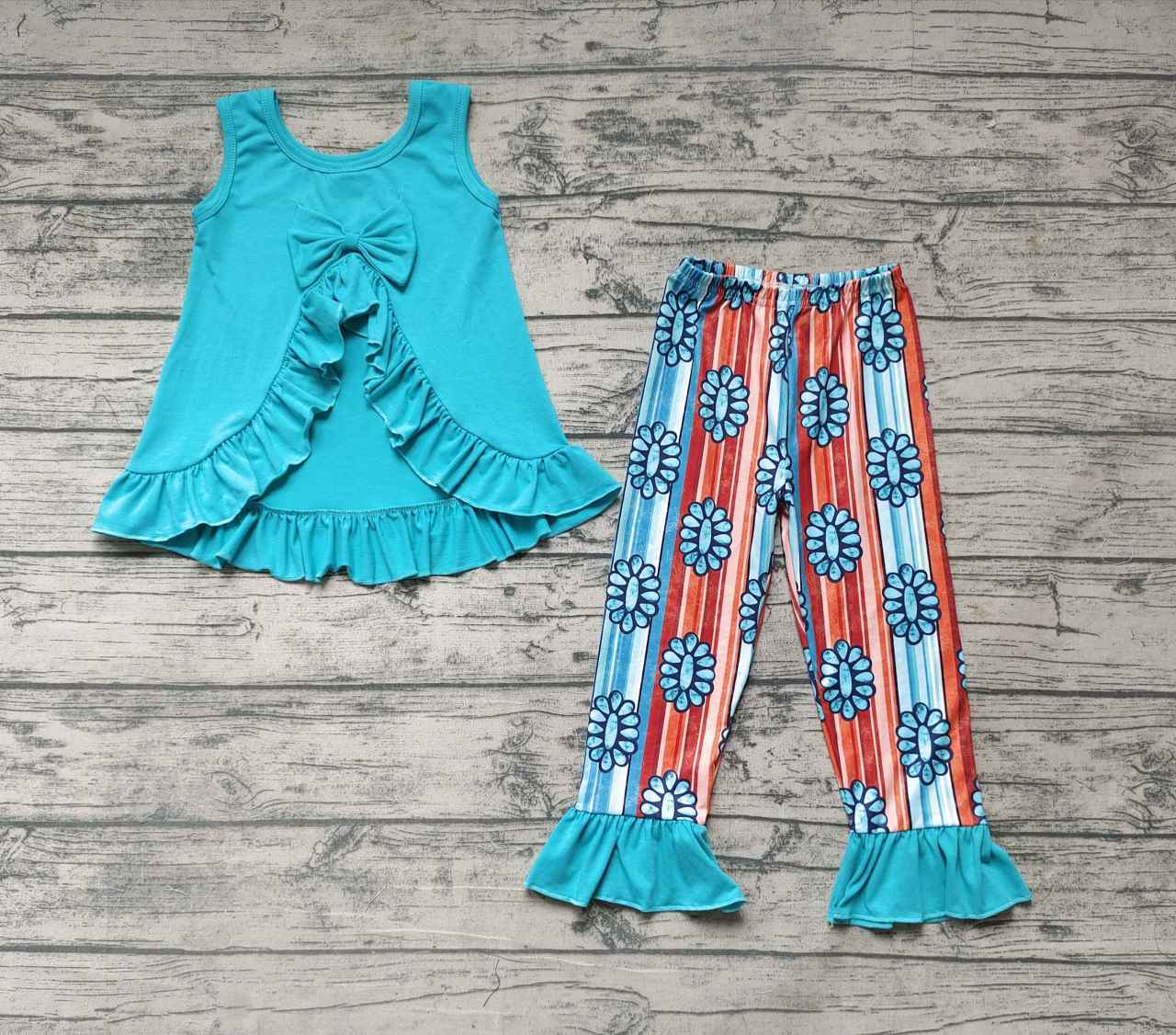 Bow Sleeveless Top Gem Print Orange and Green Stripe Trouser Set